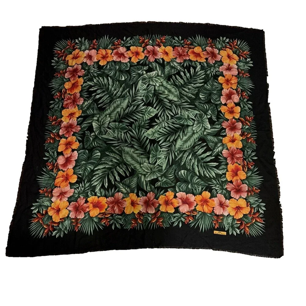 Vintage Tommy Bahama Large Square Scarf Black Fringe Hibiscus‎ Tropical Cotton